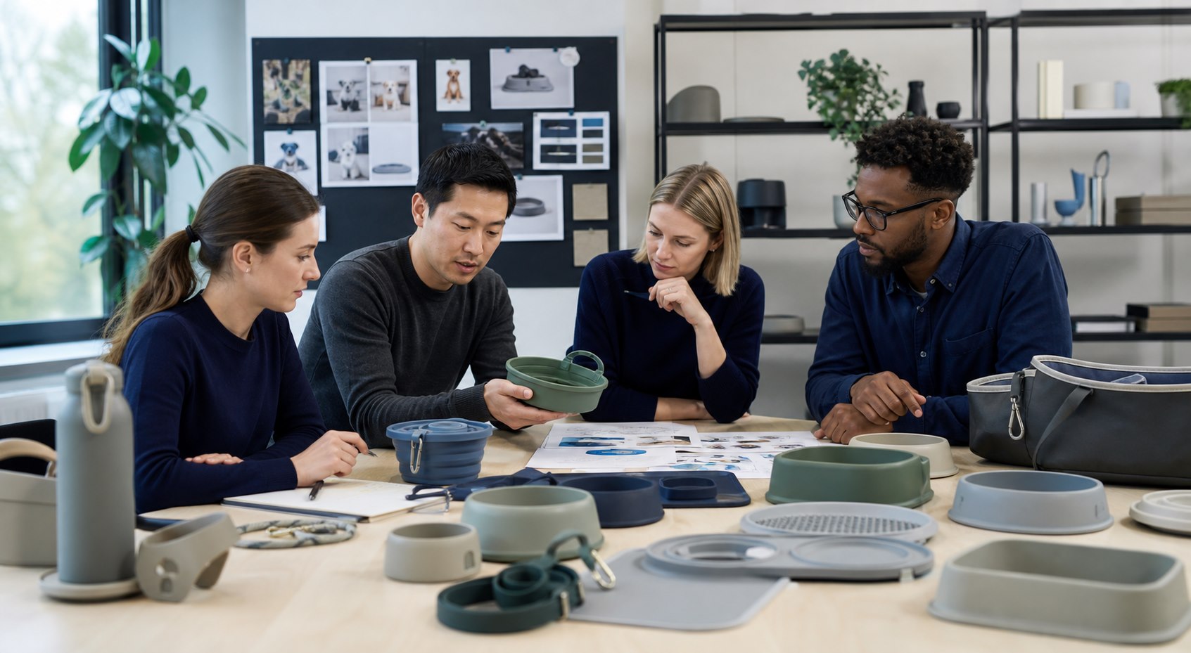 Product-development team reviewing pet-product samples in an office illustration