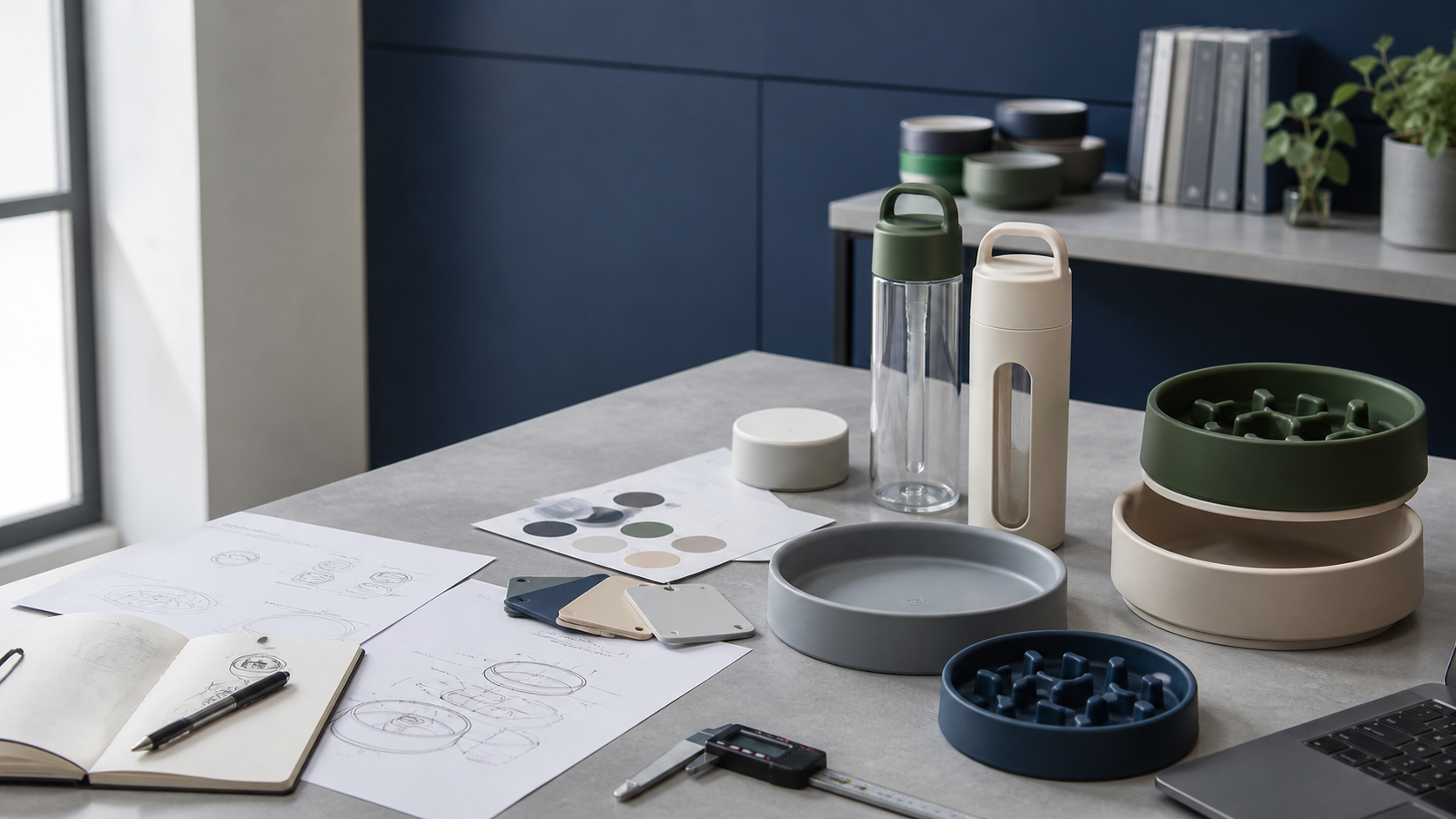Product development desk with pet-product samples and specification material illustration