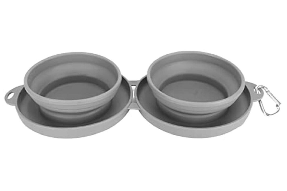 Grey collapsible silicone double pet bowl with carabiner