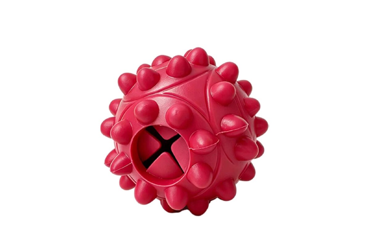 Red spiked silicone treat-dispensing pet toy ball