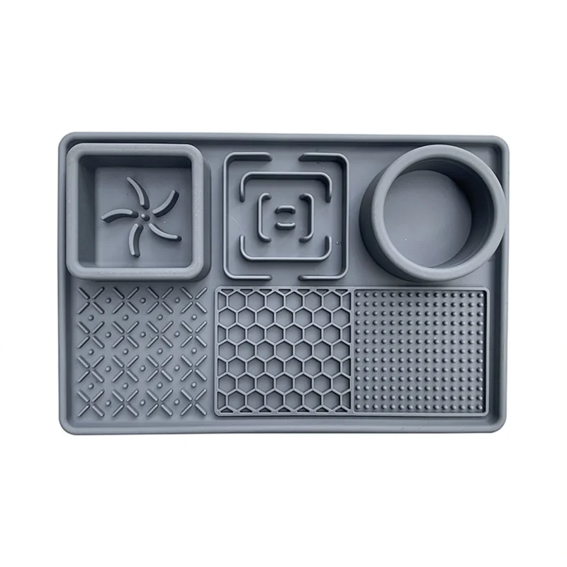 Grey multi-zone silicone slow feeder mat with bowl