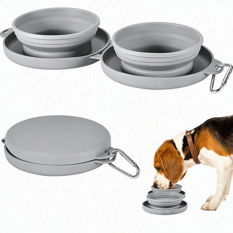 Grey twin collapsible silicone pet bowls with clip