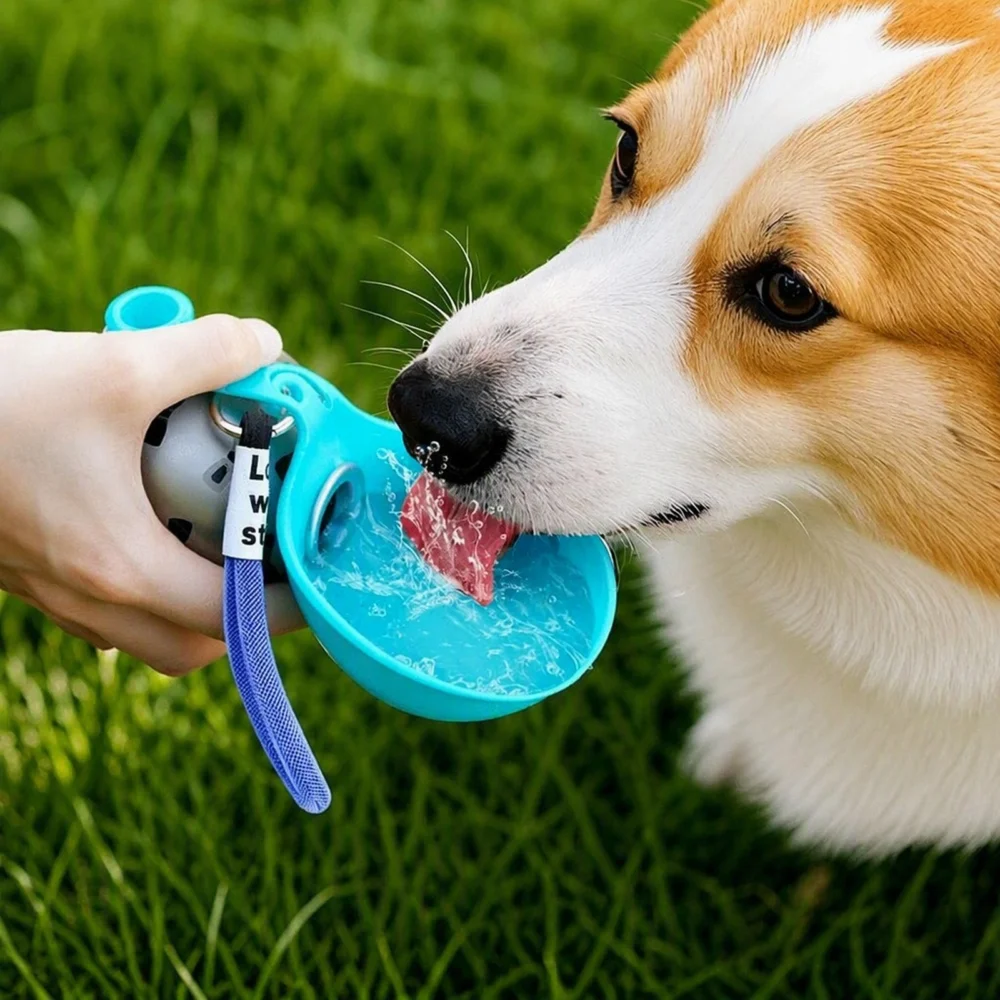 Dog drinking from a silicone pet bowl during outdoor use
