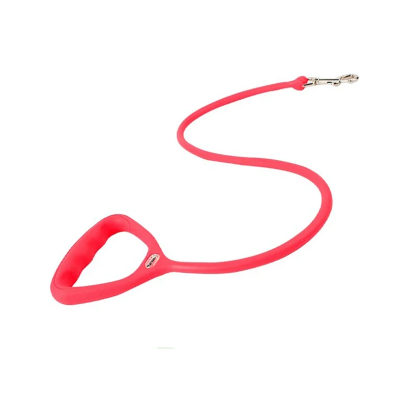Red pet leash with integrated loop handle and metal clip