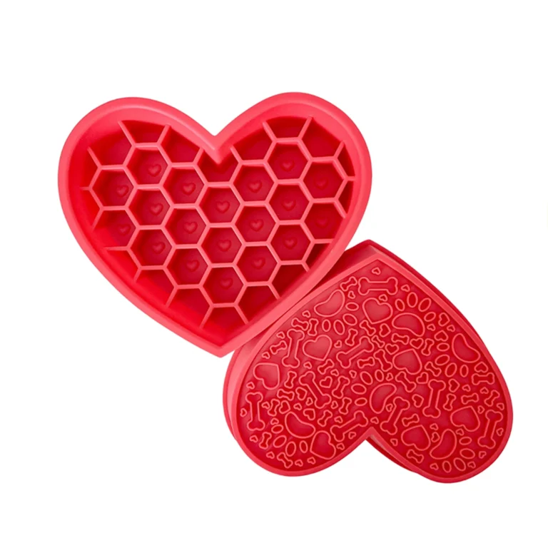Heart shaped silicone slow feeder bowl with honeycomb channels