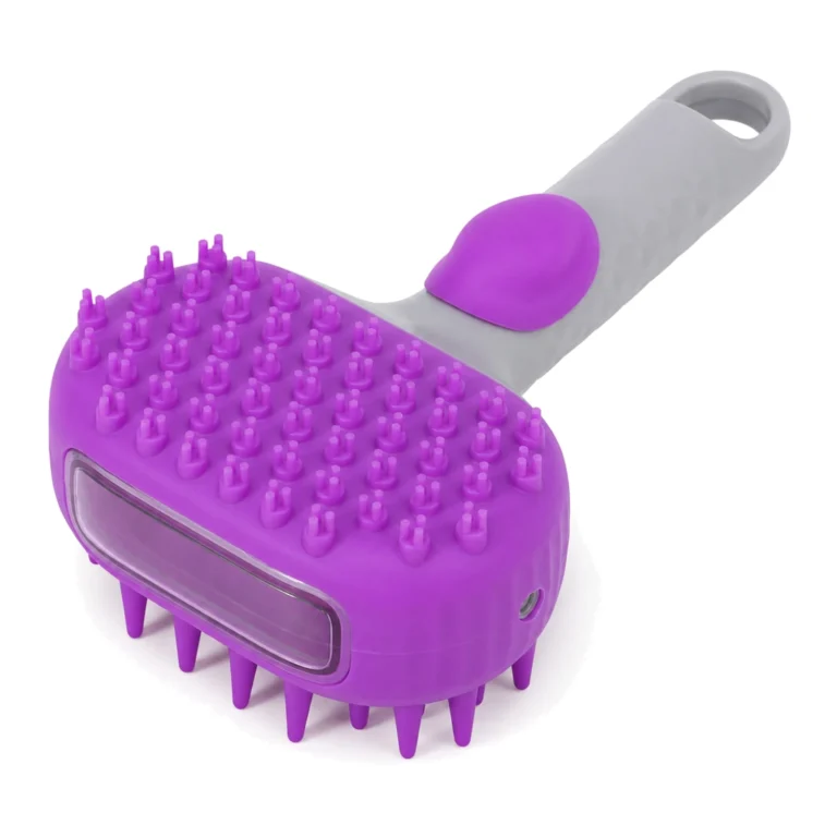 Soap dispensing pet bath deshedding brush in purple